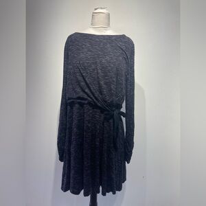 Long Sleeve Charcoal Speckled Tie-Waist Dress